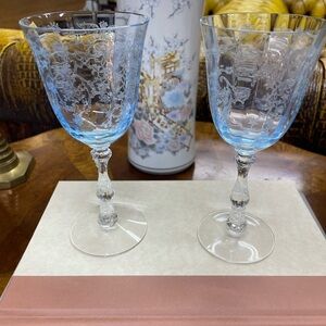 Set Of 2 vTG Blue Fostoria Navarre 6 oz. Large Claret 6½" x 3" - pre- Lenox